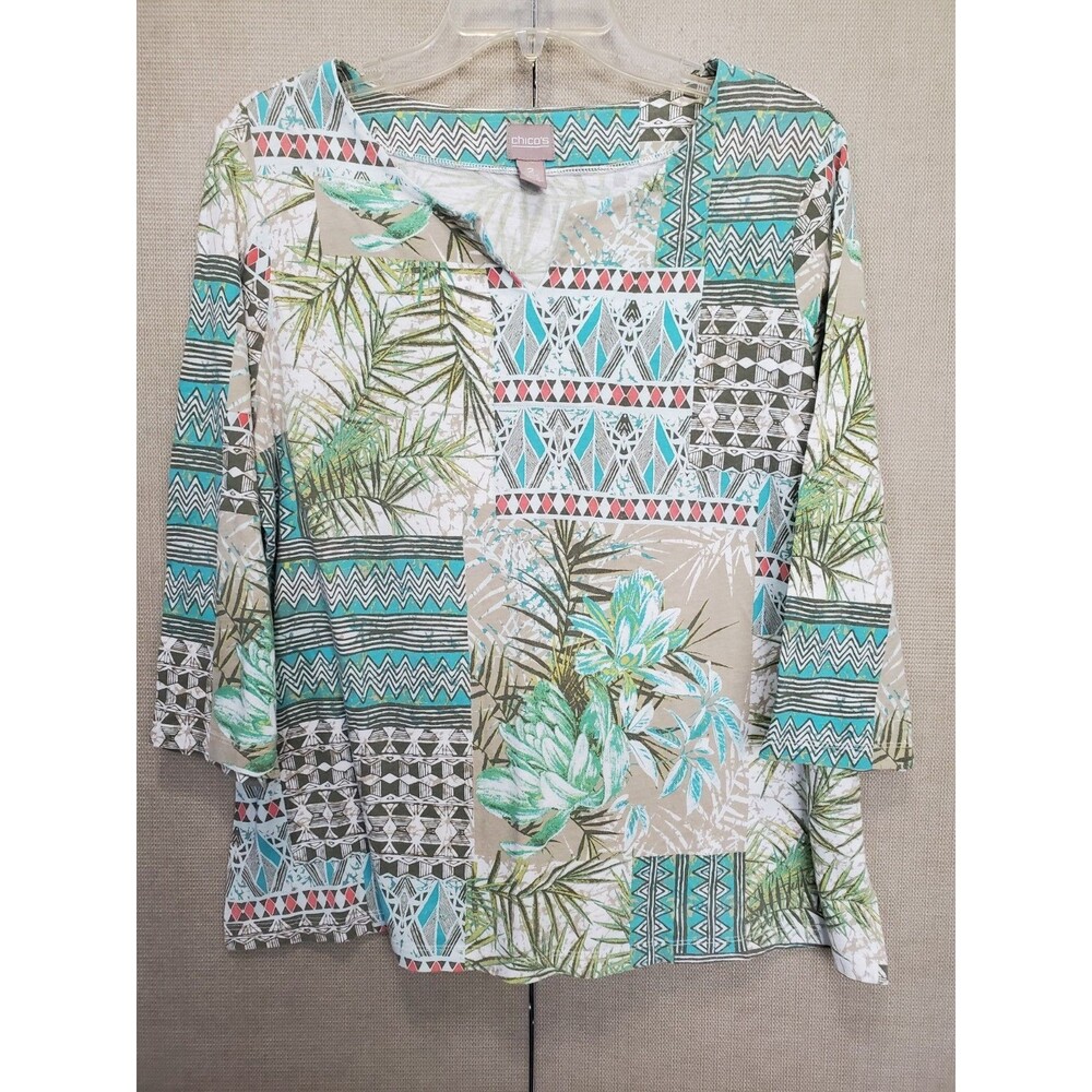 Chico's Cotton Blend Patchwork Notch Neck 3/4 Sleeve Top Size 2 Large